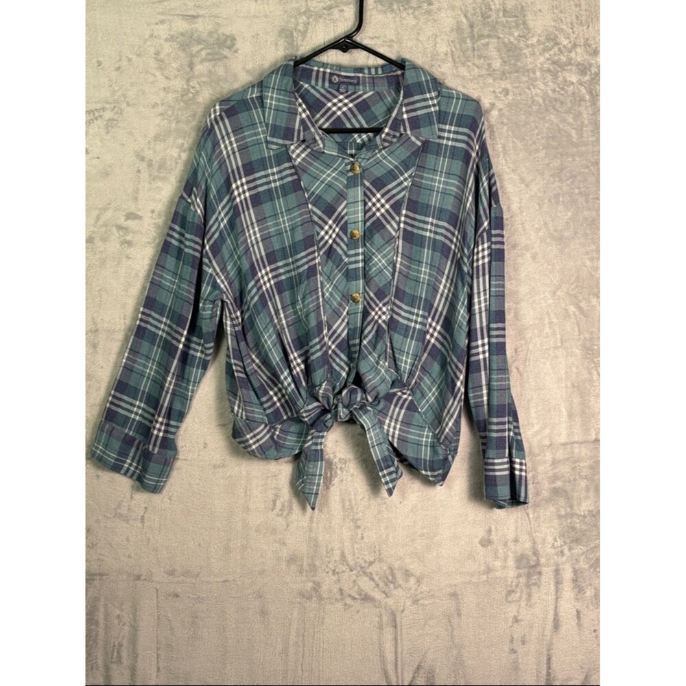 Democracy Green Blue Plaid Cropped Button Up Front Tie Top Shirt Size Large